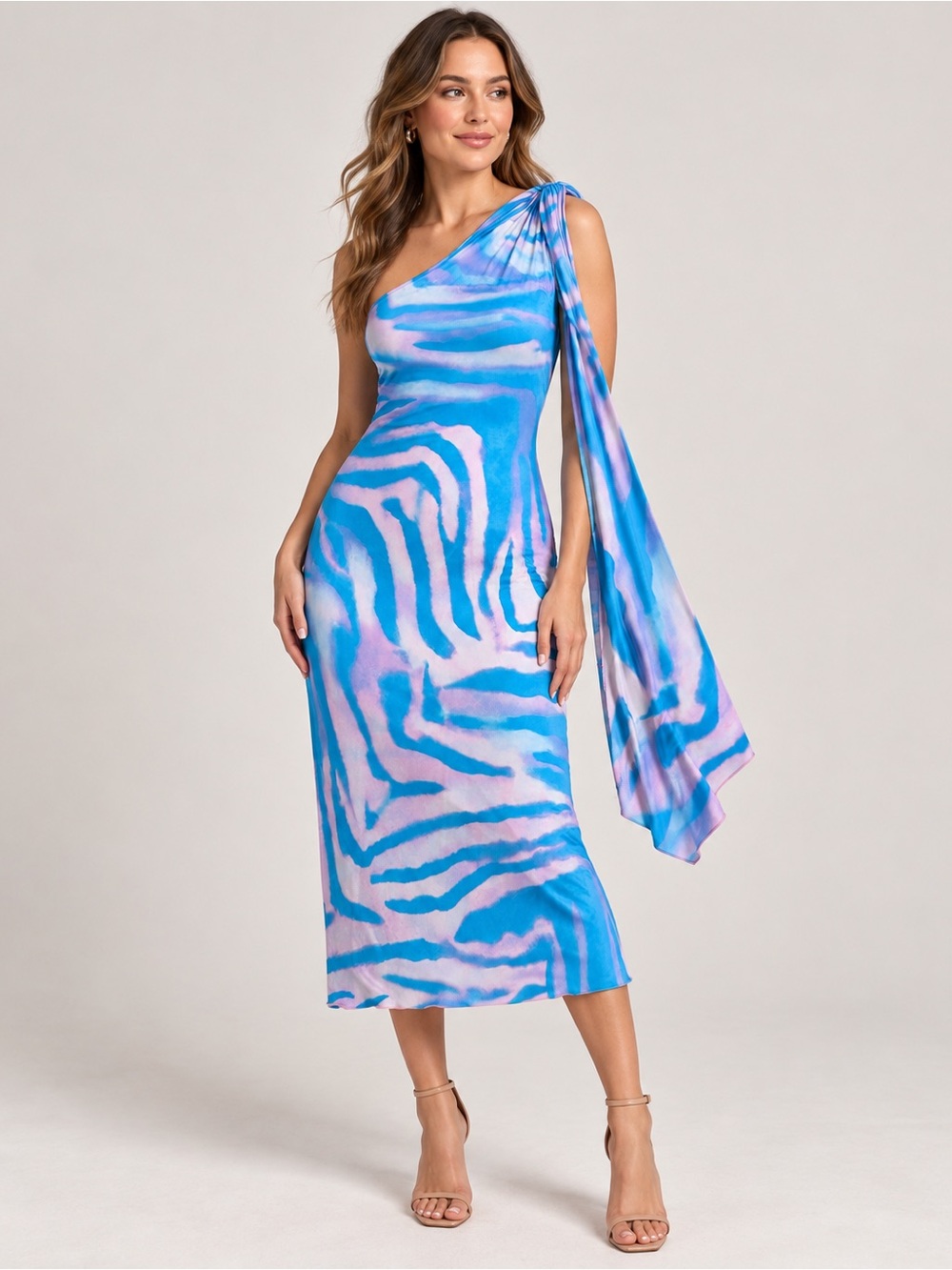 Emmanuel Ungaro Vintage Blue Pink One Shoulder Maxi Dress XS